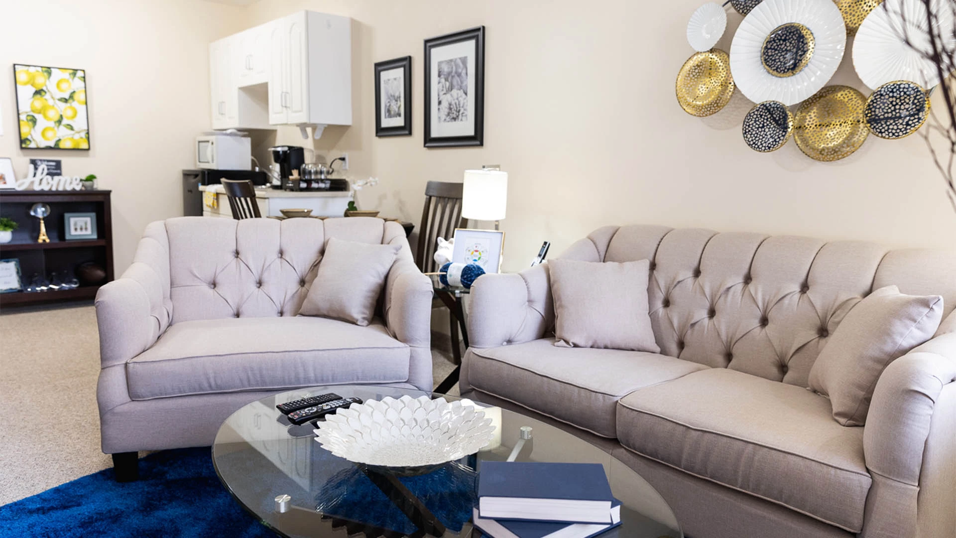 Grey couches in a living room area