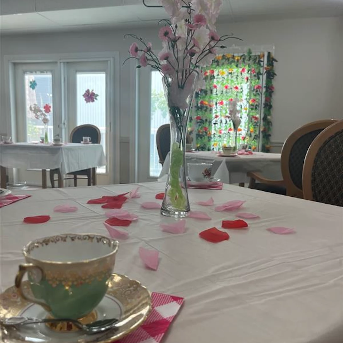 Tables decorated with flowers and tea