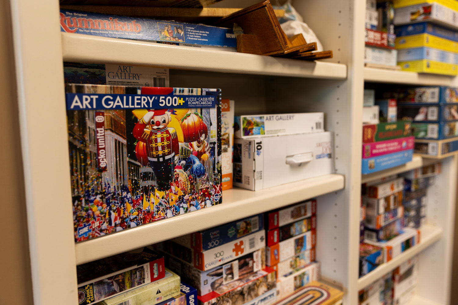 shelf with puzzles and games